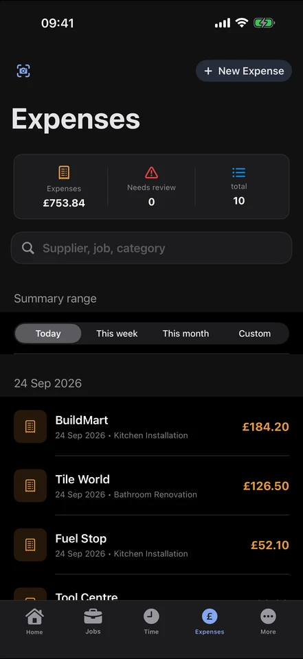 KLOKIO expenses screen at 09:41
