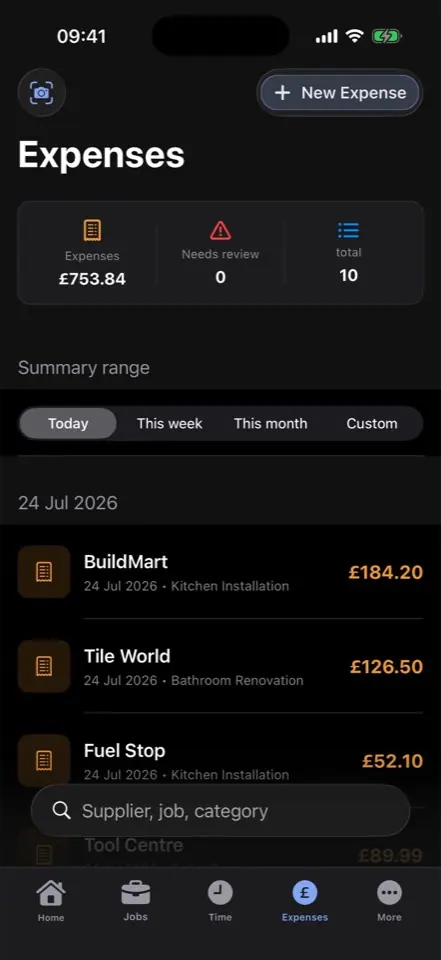 KLOKIO expenses screen at 09:41