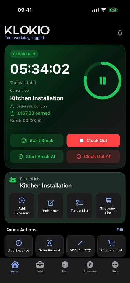 KLOKIO running timer screen at 09:41