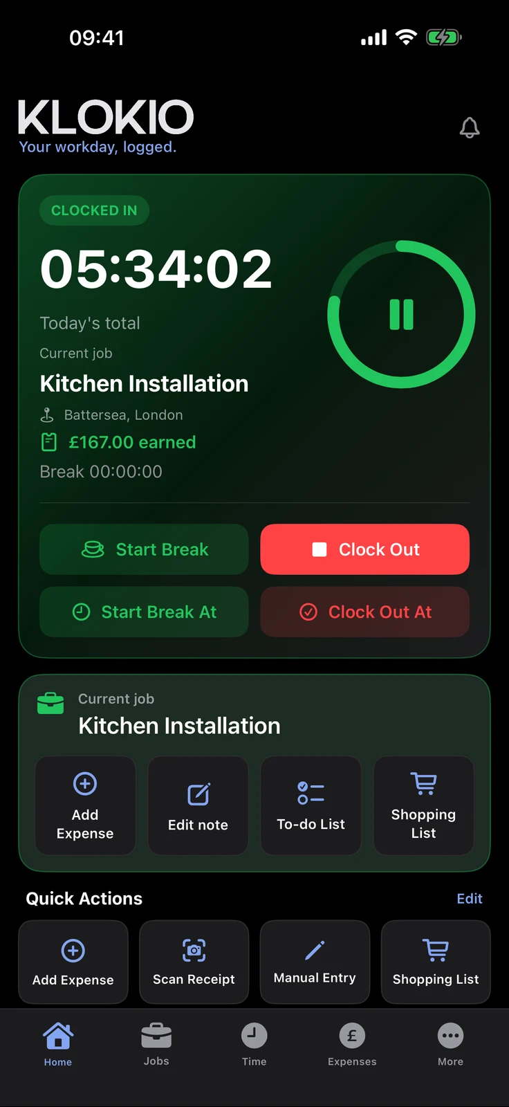 KLOKIO for iPhone showing the running Kitchen Installation timer at 09:41
