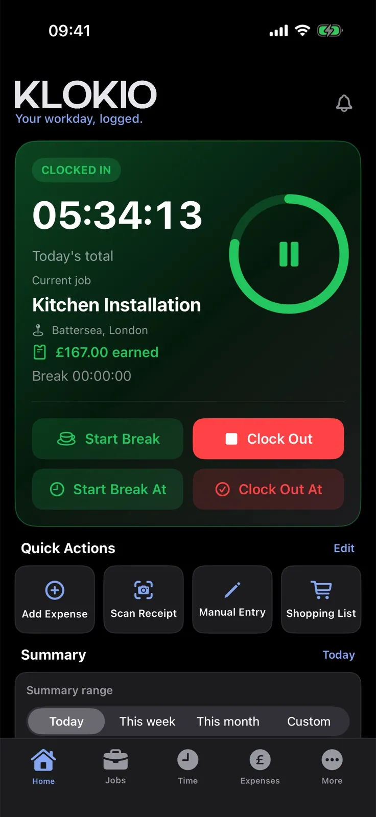 KLOKIO for iPhone showing the running Kitchen Installation timer at 09:41