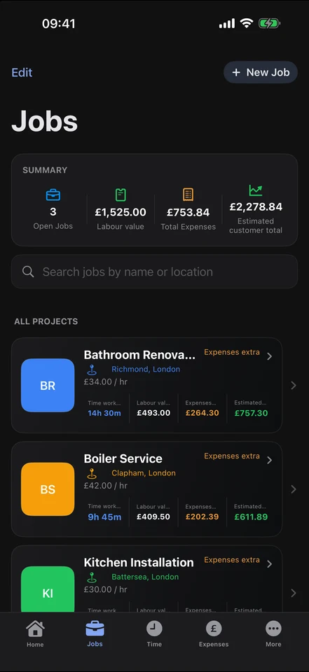 KLOKIO active jobs screen at 09:41