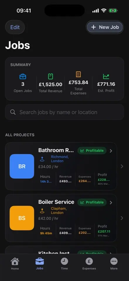KLOKIO active jobs screen at 09:41